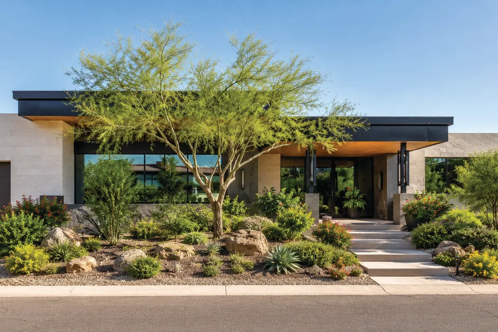 The front of a modern desert home with a shade tree, boulders and layered low-water planting either side of wide concrete entry steps.