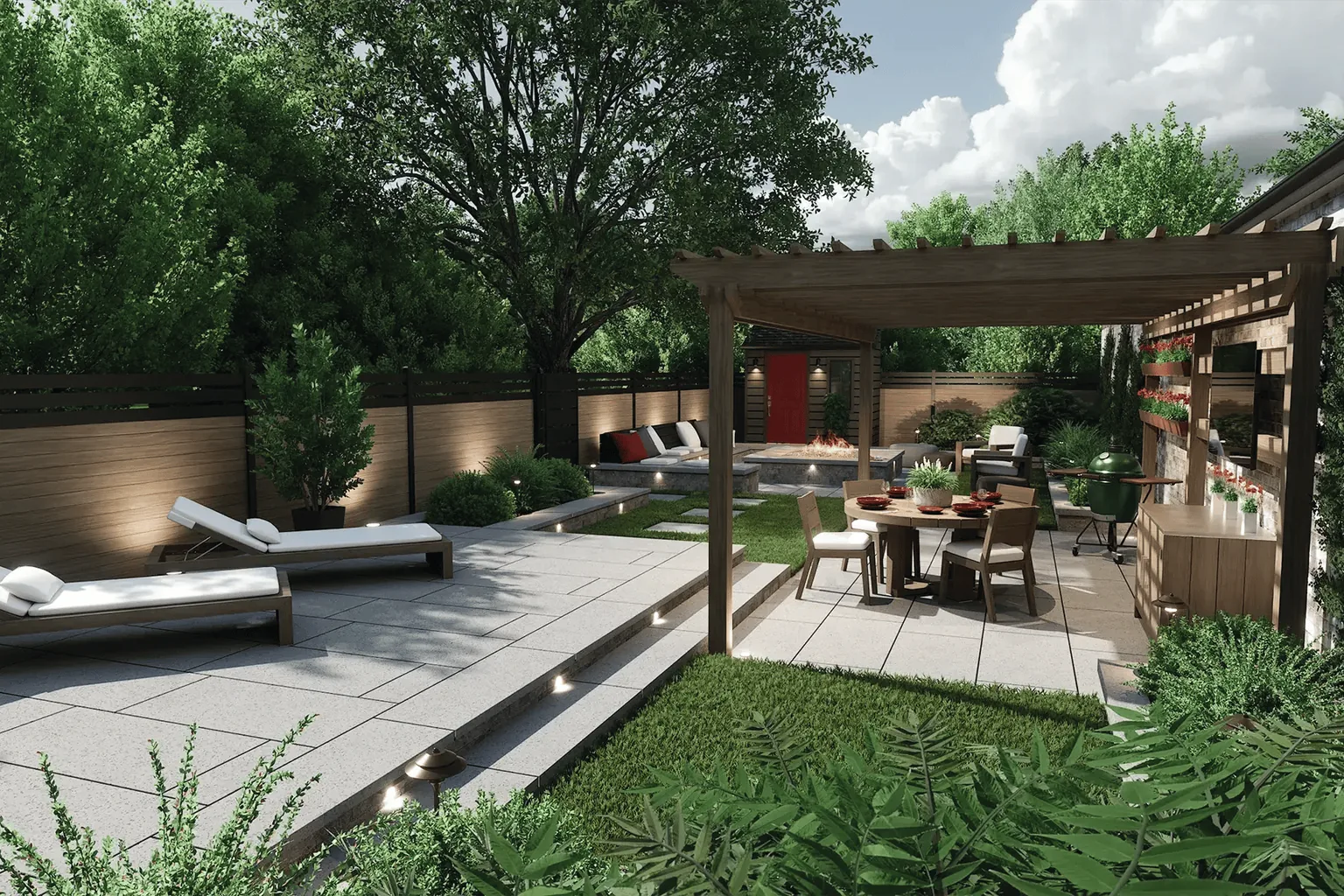 A 3D rendering of a backyard design: a pergola over an outdoor dining and kitchen area, lounge chairs on a stone deck and a lawn bordered by planting.