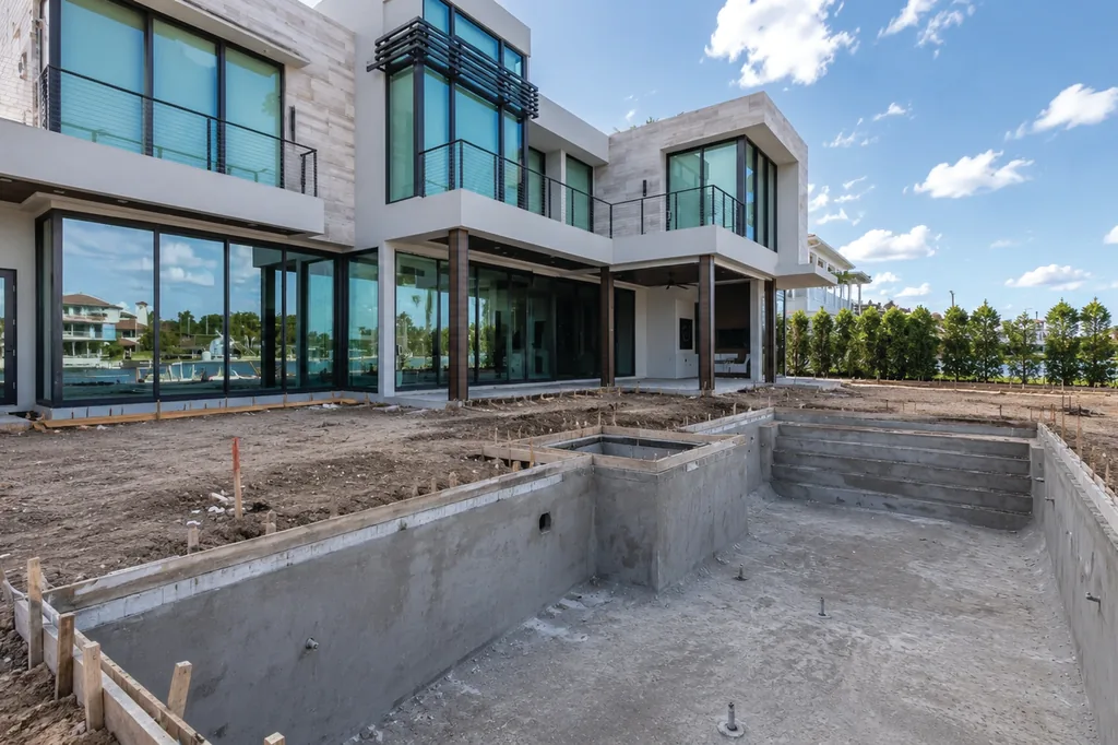 A concrete pool shell under construction in the excavated yard of a modern two-storey home.