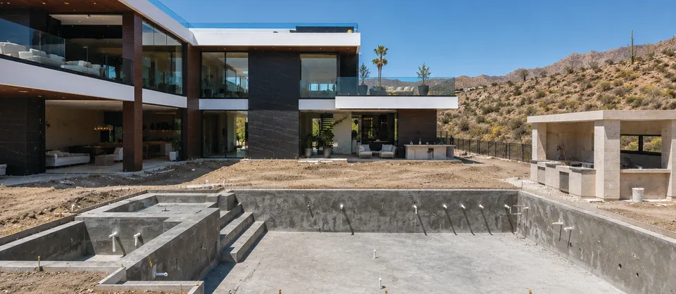 A custom pool shell with steps and a raised spa form under construction behind a modern two-storey home.